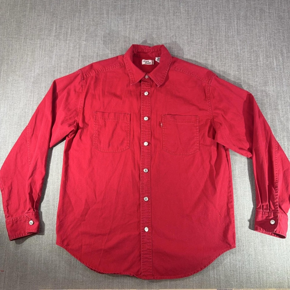 Levis Shirt Mens Medium Red Twill Long Sleeve Button Up Cotton Workwear Casual